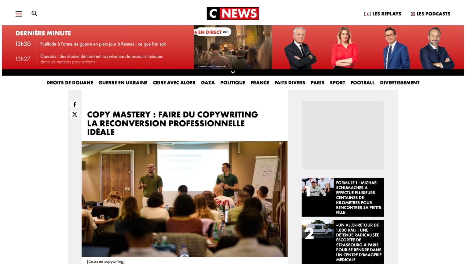 Article CNEWS : Copy Mastery, faire du copywriting la reconversion professionnelle idéale